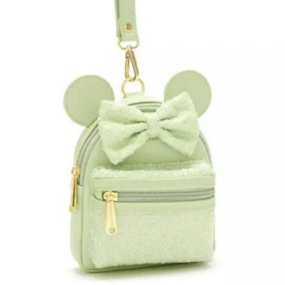 Loungefly Disney Parks Convertible Belt Bag Wristlet in Mint Green Sequins NEW